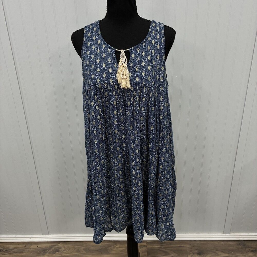 Go Fish Clothing Women Medium Blue Gold Boho Tassel Sleeveless 100% Cotton Dress